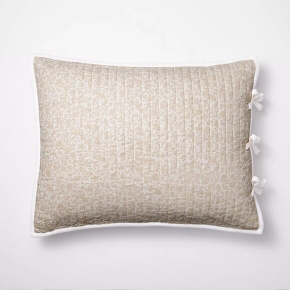 Decorative Border Cotton Slub Quilt Sham Neutral Floral -Threshold Studio McGee - Picture 1 of 5